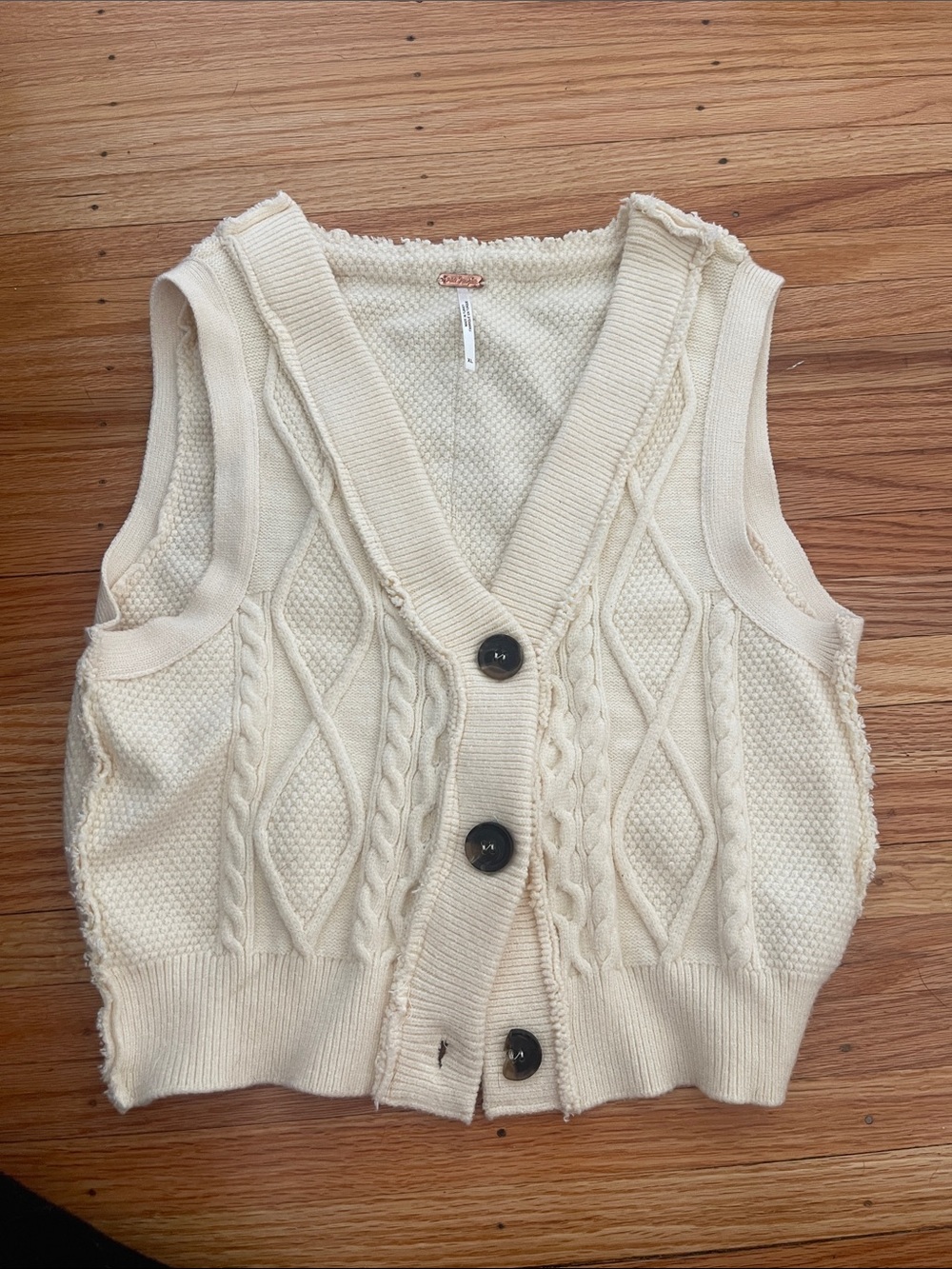 Free People Cream Cable-Knit V-Neck Button Vest